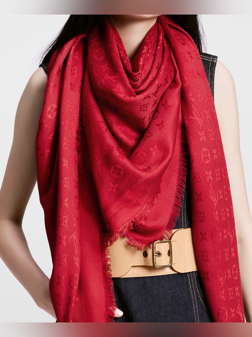 Louis Vuitton Red Monogram Shawl with Metallic Accents NWT